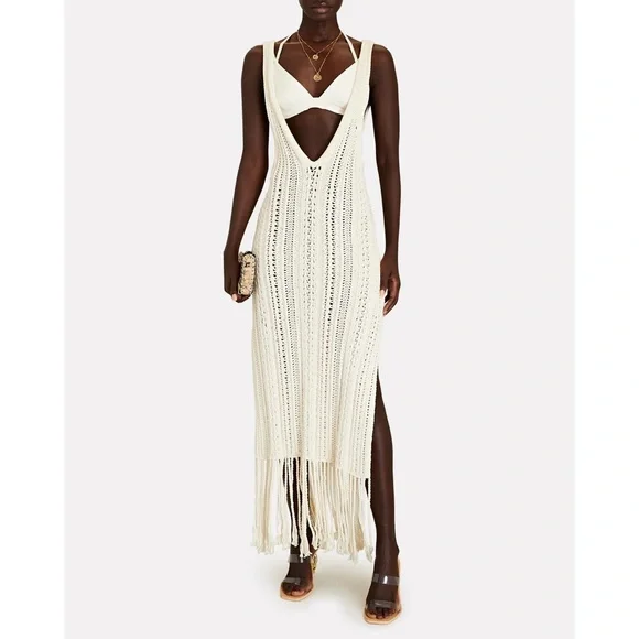 Jonathan Simkhai Ivory Kamilah Crochet Fringe Tank Midi Dress Small NWOT - Picture 8 of 13